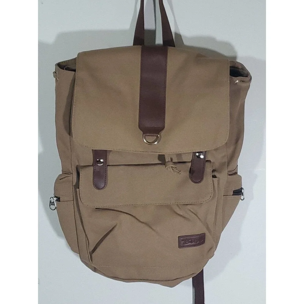Bella Russo Canvas Backpack Rucksack Bookbag Brown Tan 16"x 18" Zip Snap Close - Picture 1 of 7